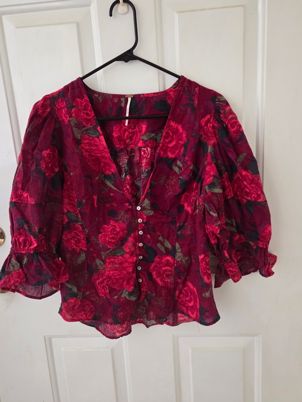 Free People I Found You Shades Of Red Print Cotton Milkmaid Top  Large